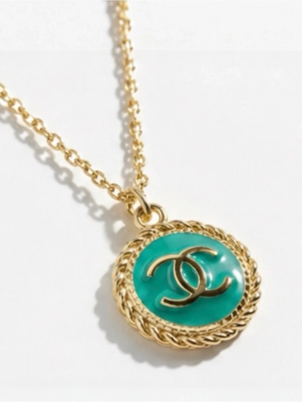 Authentic CHANEL Gold Turquoise Enamel Logo Necklace Pendant - Picture 10 of 11